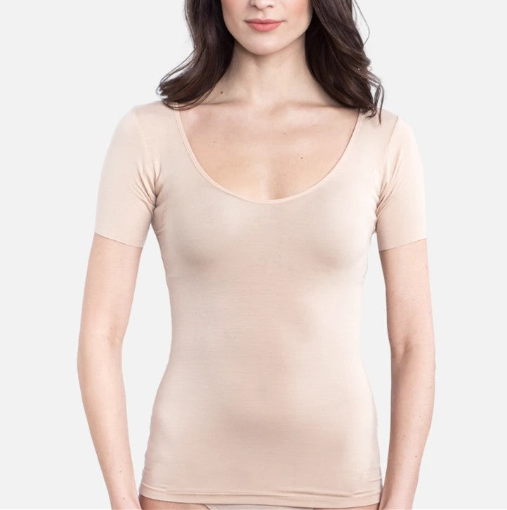 Sweatproof Undershirt for Women with Underarm Sweat Pads Scoop Neck TEE