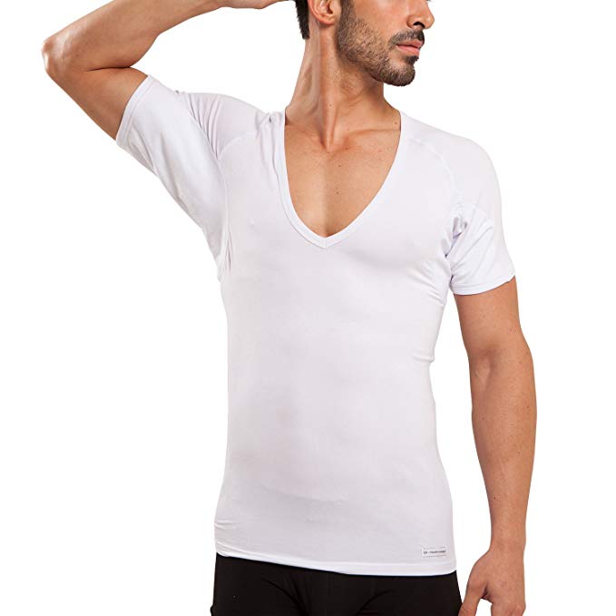 Sweatproof Undershirt Mens Modal Deeper V Neck with Sweat Pads, Silver Treated to Fight Embarrassing Odor