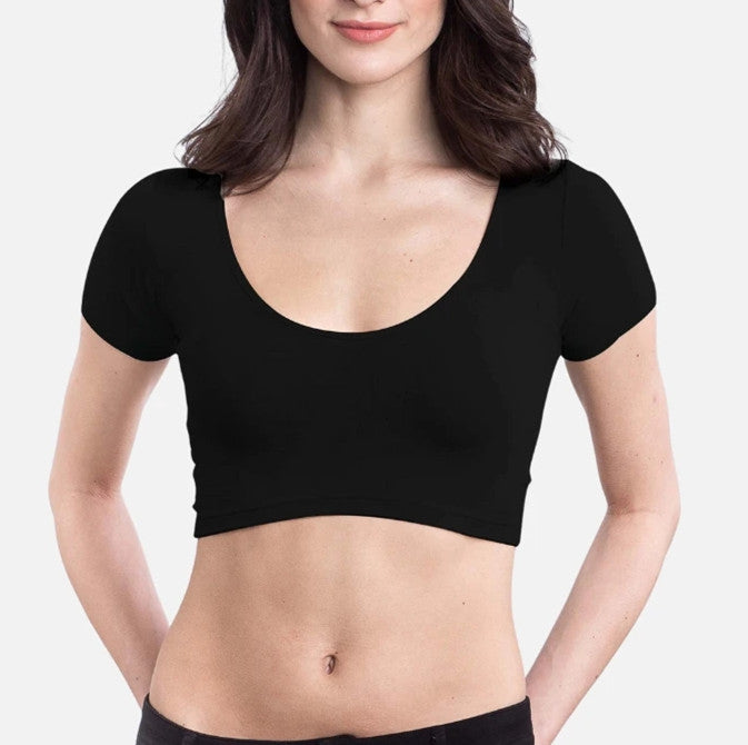 Short Solid Sweat Proof Undershirts Crop Scoop Neck Women's Anti Perspiration T Shirt